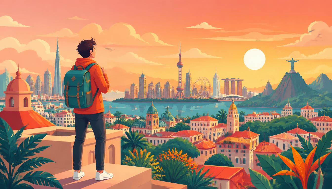 Traveler overlooking a vibrant city skyline at sunset